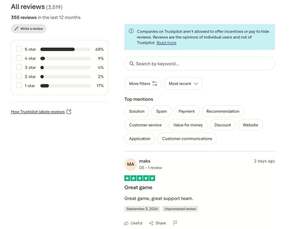 Profil RollerCoin na Trustpilocie z oceną